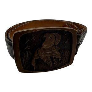 Vintage 1979 BTS Brass Belt Buckle Duck Labrador Bird Dog Hunting Tony Lama